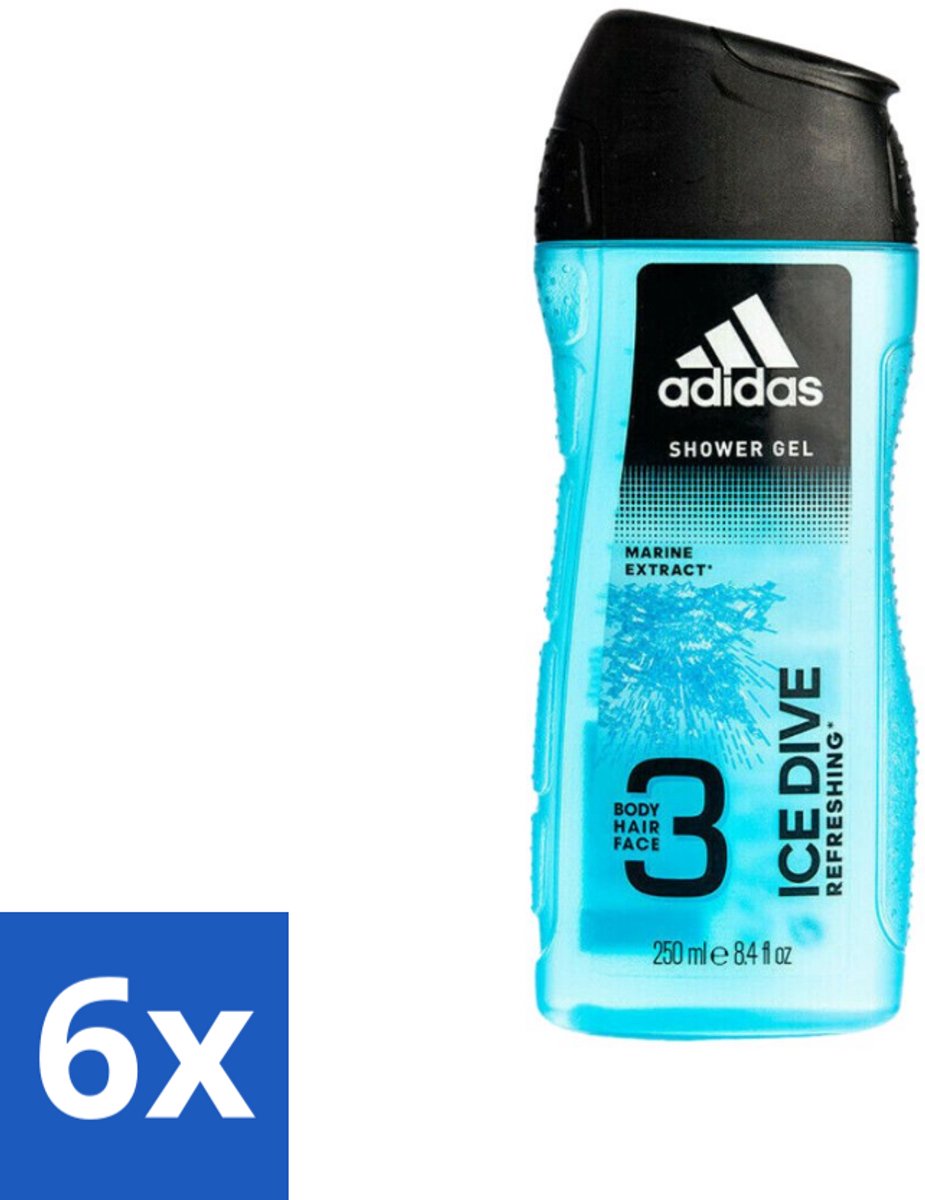 6 x Adidas - 3-in-1 Douchegel - Ice Dive Refreshing - Marine Extract - 250 ml - Adidas Ice Dive Douche & Shampoo - Verfrissend - 2-in-1 - Lichaam En Haar - Sportieve Verzorging