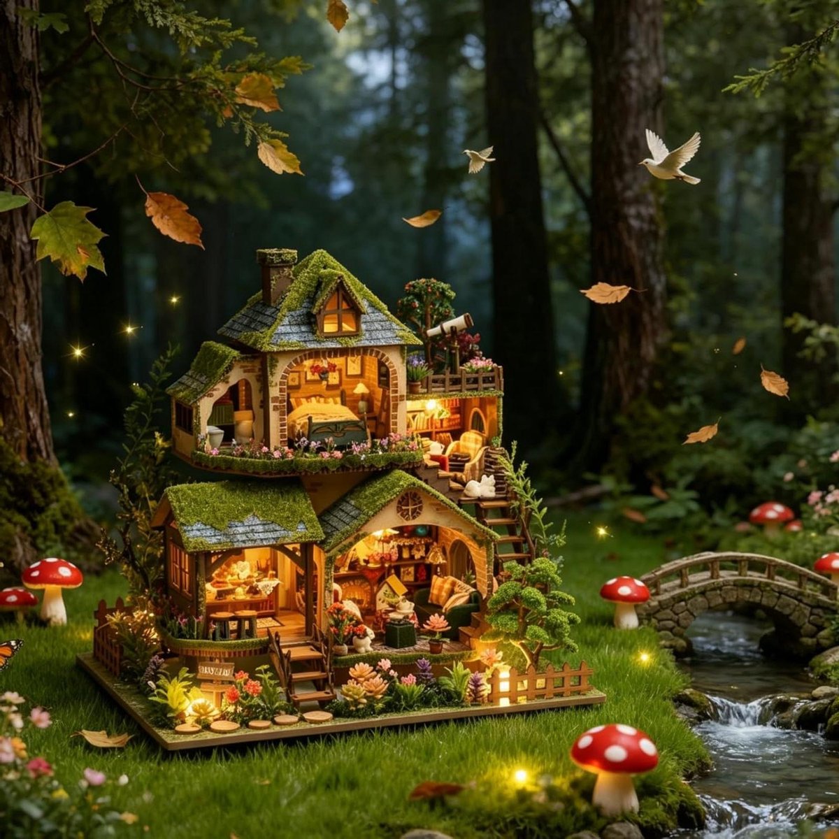 Miniatuur Poppenhuis - Houten Knutselpakket - Creatief Hobbyen - Met LED Verlichting - 32 x 26.5 cm - Groen