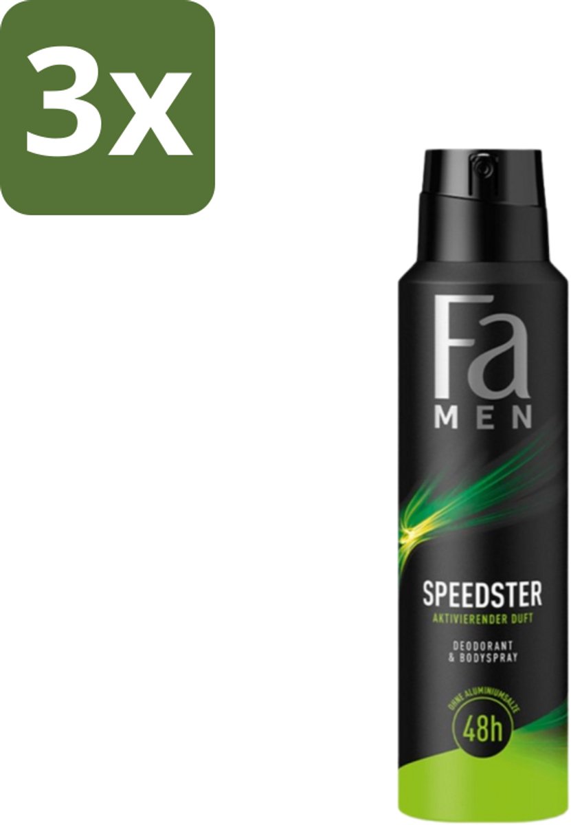 3 x Fa - Deodorant Spray - Speedster - Frisse Geur & Langdurige Bescherming - 48 uur Bescherming - 150 ml - 48 Uur Bescherming - Deodorant Spray - Frisse Geur - Geurveroorzakende Bacteriën - Dermatologisch Getest