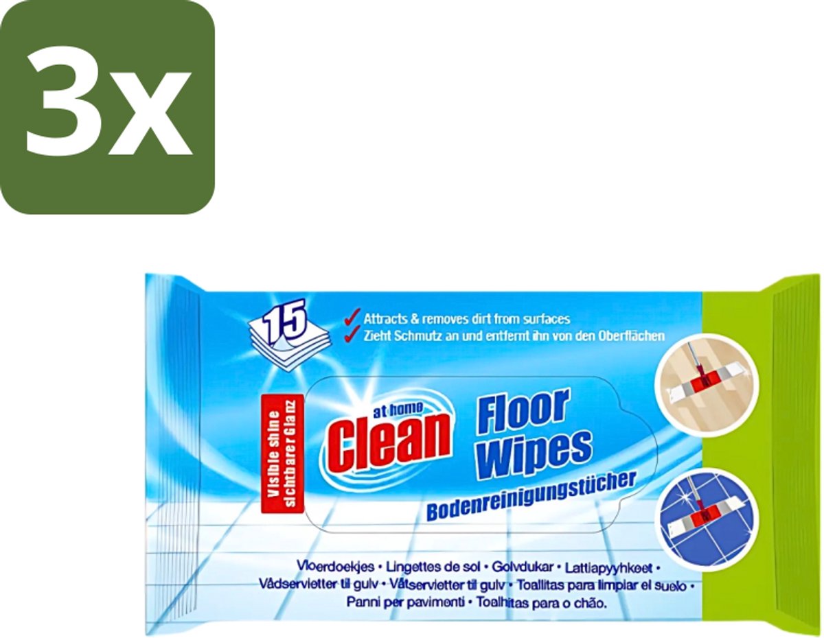 3 x At Home - Clean - Vloer Reinigingsdoekjes - Reinigt Effectief - 15 Doekjes - Vloer Reinigen - Reinigingsdoekjes Vloer - Vuil Verwijderen - Glans Vloer - Schoonmaken Vloer