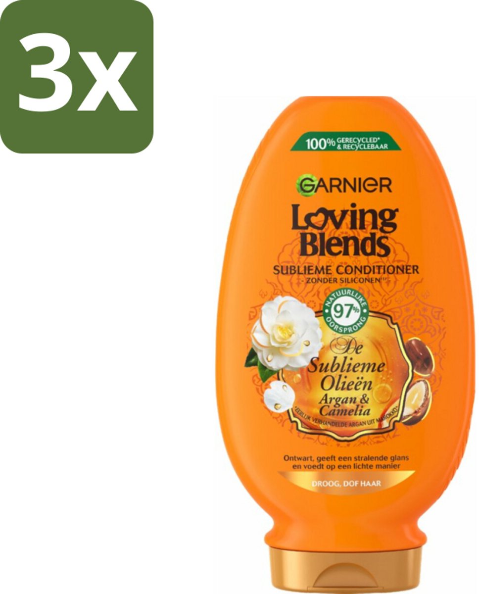 3 x Garnier Loving Blends Argan- en Cameliaolie Conditioner 250 ml - Droog Haar - Dof Haar - Voeding Haar - Glans Haar - Arganolie