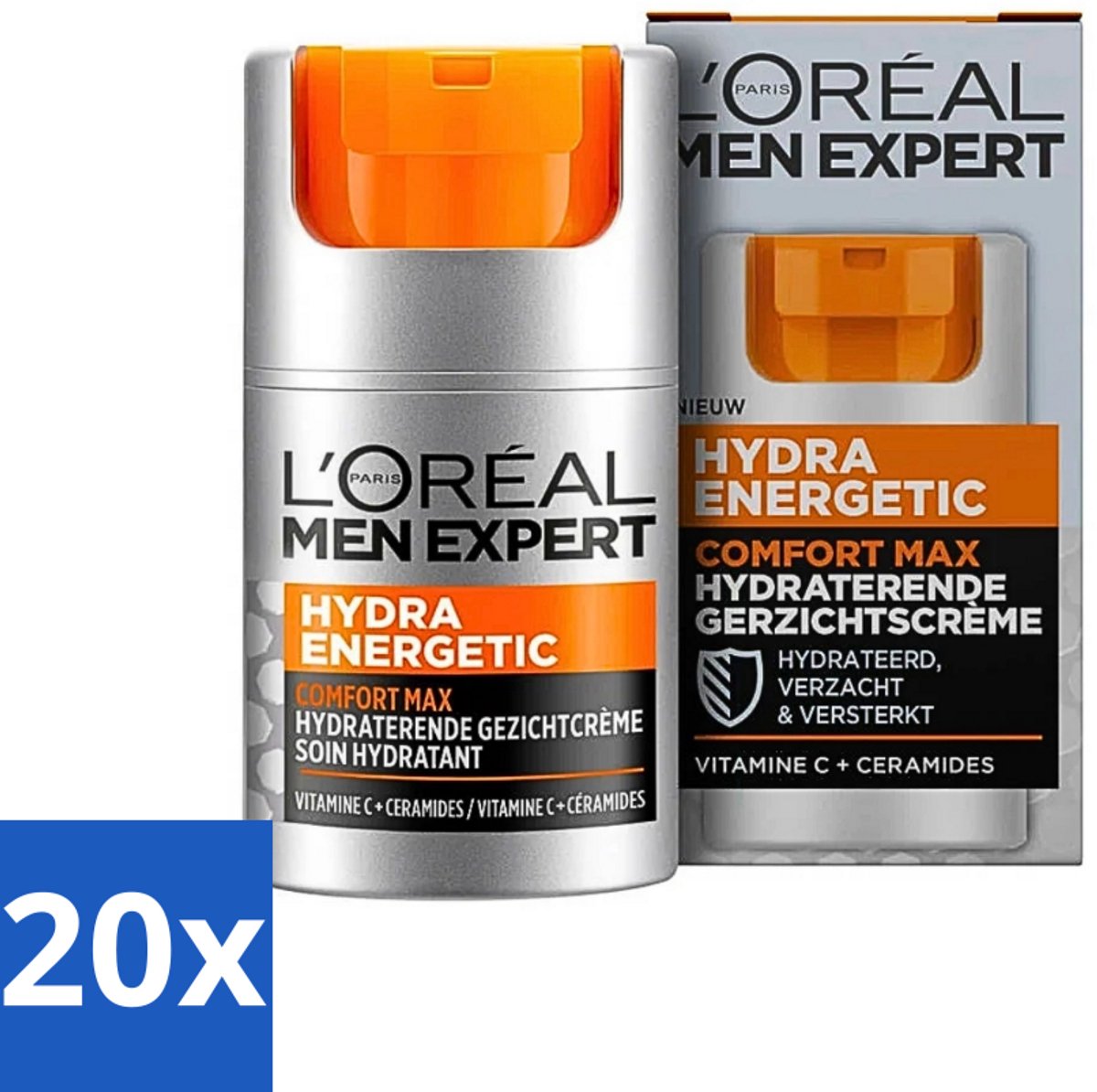 L'Oréal Paris Men Expert Hydra Energetic Comfort Max - Dagcrème - Hydraterend voor Droge Huid - 50 ml - Bulkverpakking - 20 stuks