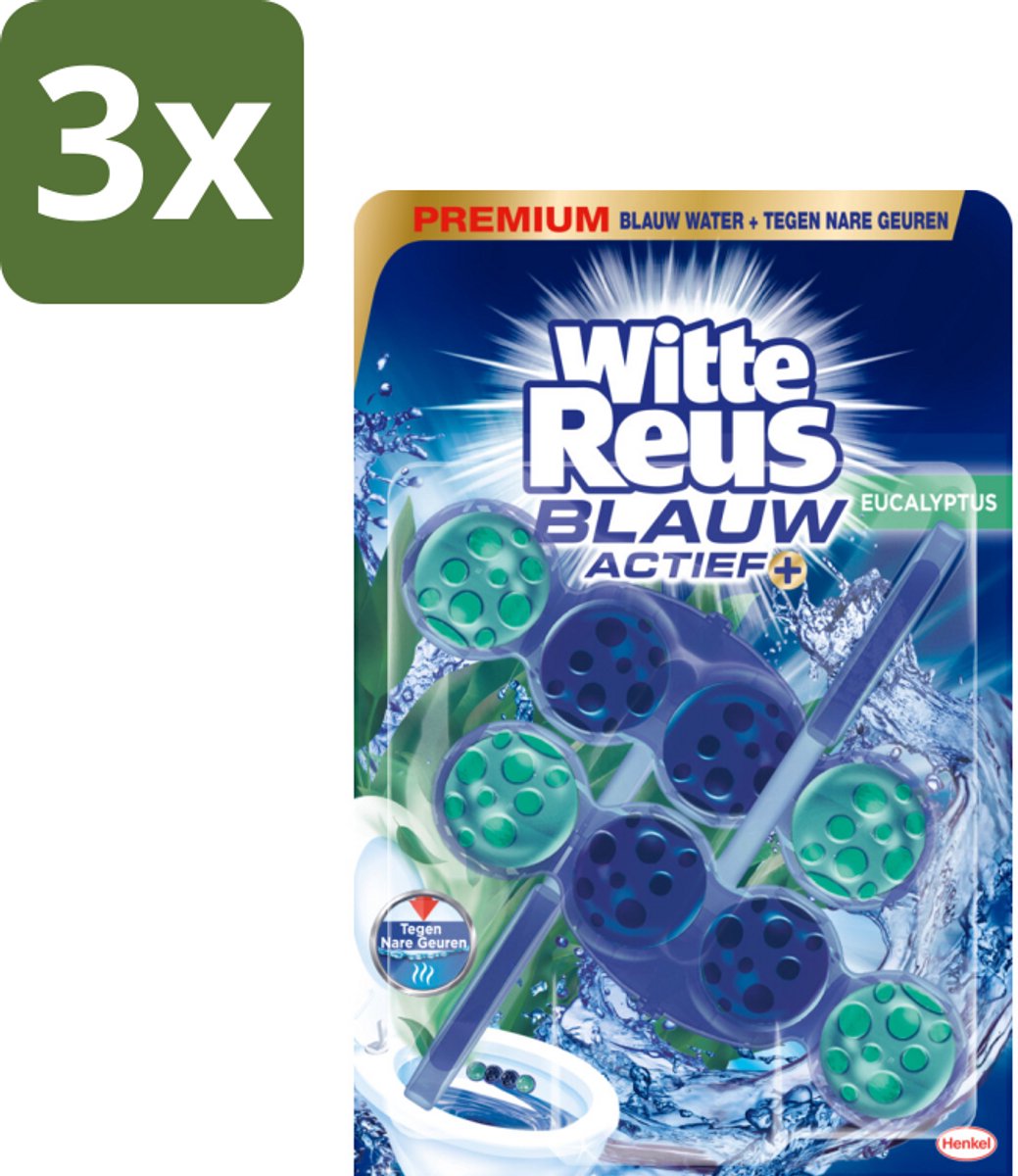 3 x Witte Reus Toiletblok Blauw Actief Eucalyptus 2 stuks per verpakking - Toiletblok - Toilet Reinigen - Blauw Water - Eucalyptus Geur - Kalkaanslag Voorkomen