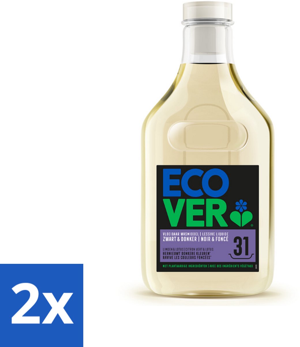 2 x Ecover Vloeibaar Wasmiddel Zwart & Donker - Limoen & Lotus 31 Wasbeurten 1,43 liter - Donker Wasmiddel - Donkere Kleuren - Plantaardig Wasmiddel - Milieuvriendelijk Wasmiddel - Ecologisch Wasmiddel