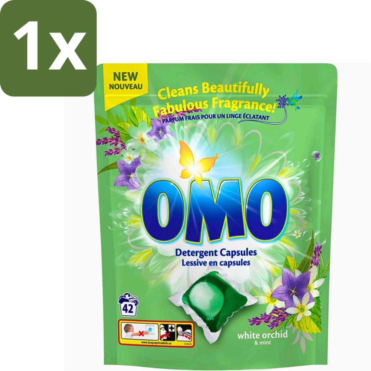 1 x Omo - Wascapsules - Witte orchidee & Munt - Krachtige geur - 42 Capsules - Wasmiddel - Wascapsules - Reiniging - Geur - Witte Orchidee