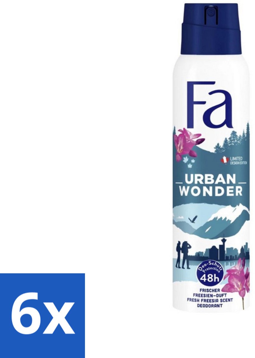 6 x Fa - Deodorant Spray - Urban Wonder - Aardbei - 48 uur Bescherming - 150 ml - Deodorant Spray - Aardbei - 48 Uur Bescherming - Geur Aardbei - Dermatologisch Getest