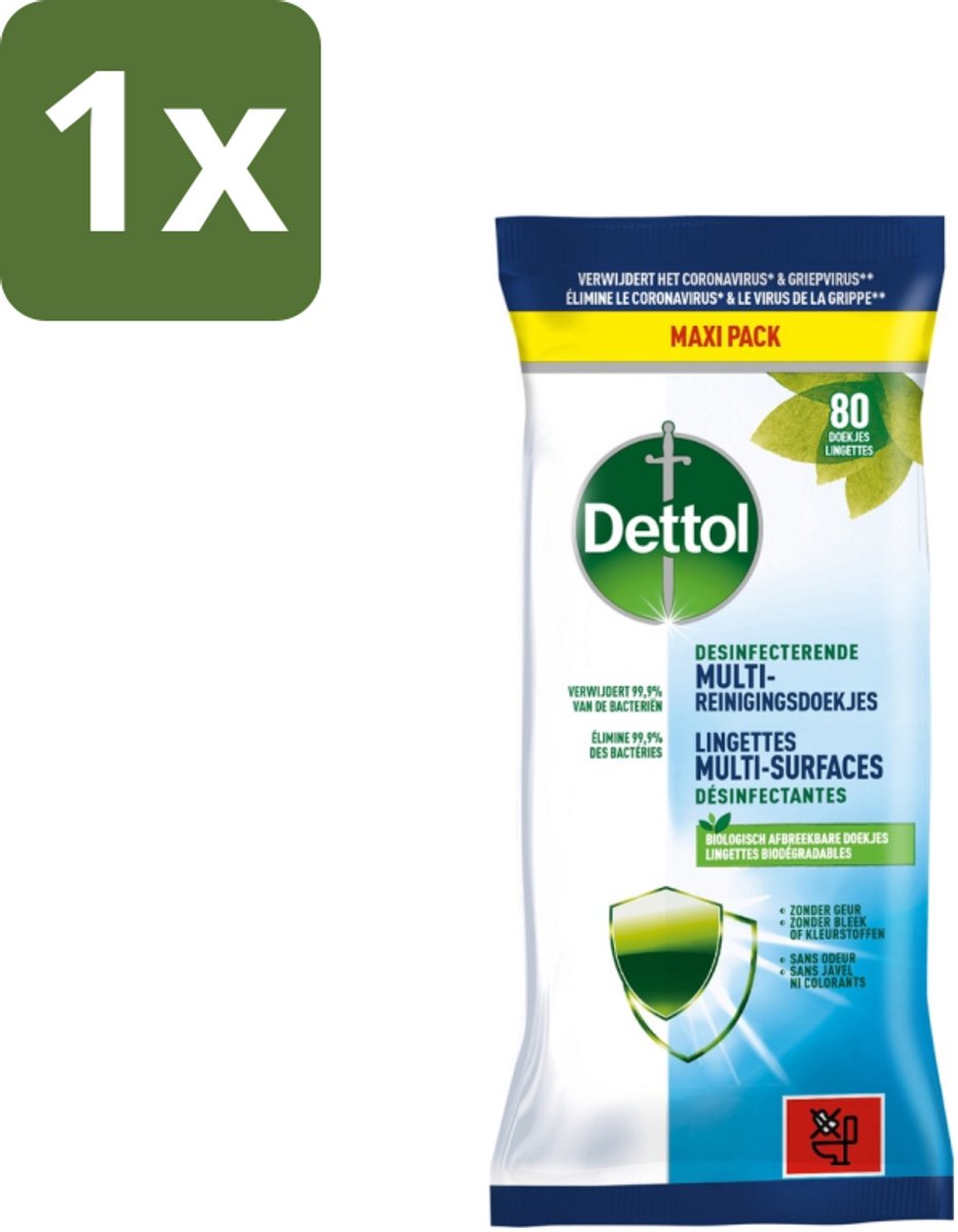 1 x Dettol - Multi-Reinigingsdoekjes - Desinfecterend - Zonder Bleek & Geurstoffen - Biologisch Afbreekbaar - 80 Doekjes - Reinigingsdoekjes - Keukenvet Verwijderen - Hygiëne - Vuil Verwijderen - Desinfecterend