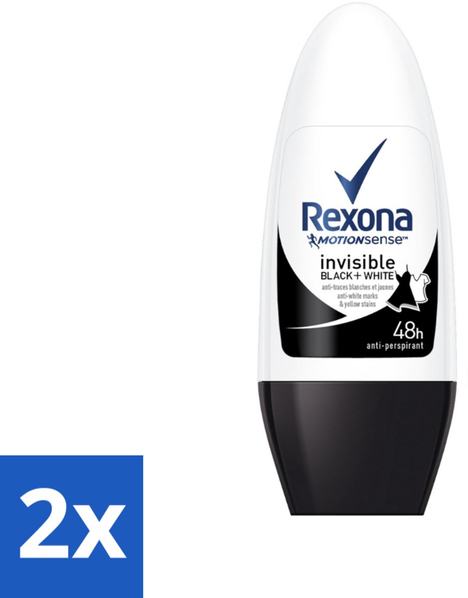 2 x Rexona - Invisible Black & White - Deo Roller - Anti-transpirant - 50 ml - Deodorant - Anti-transpirant - Vlekkenvoorkomend - 48 Uur Bescherming - Roll-on