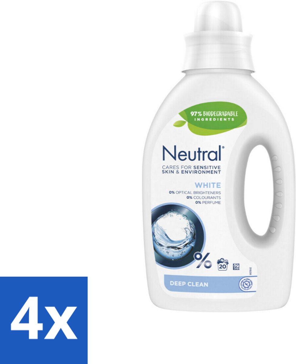 4 x Neutral Vloeibaar Wasmiddel Wit 20 Wasbeurten 1 liter - Gevoelige Huid - Wasmiddel - Wasmachine - Wasmiddel Voor Gevoelige Huid - Neutraal Wasmiddel