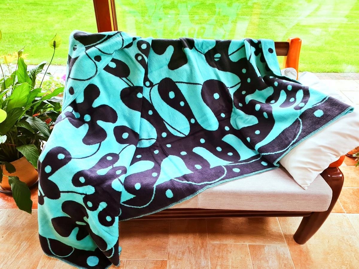Acryl katoenen plaid 150x200 cm - turkoois/zwart met franjes