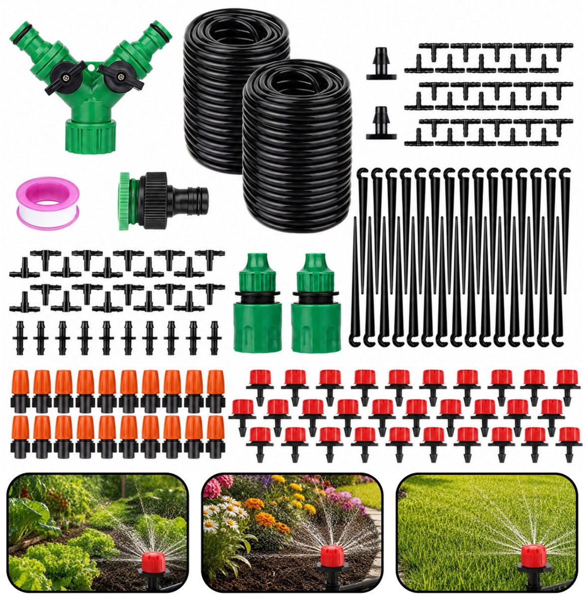 MOZY® - Irrigatieslang XXL - 55 meter + 15 meter - Verschillende Sproeiers en Druppelaars - 386 delig - Mistslang - Waterdruppelaar - Irrigatiesysteem - Tuinbewatering - Vernevelaar - Mist Sprayer - Mist Verstuiver - Nevelsproeier