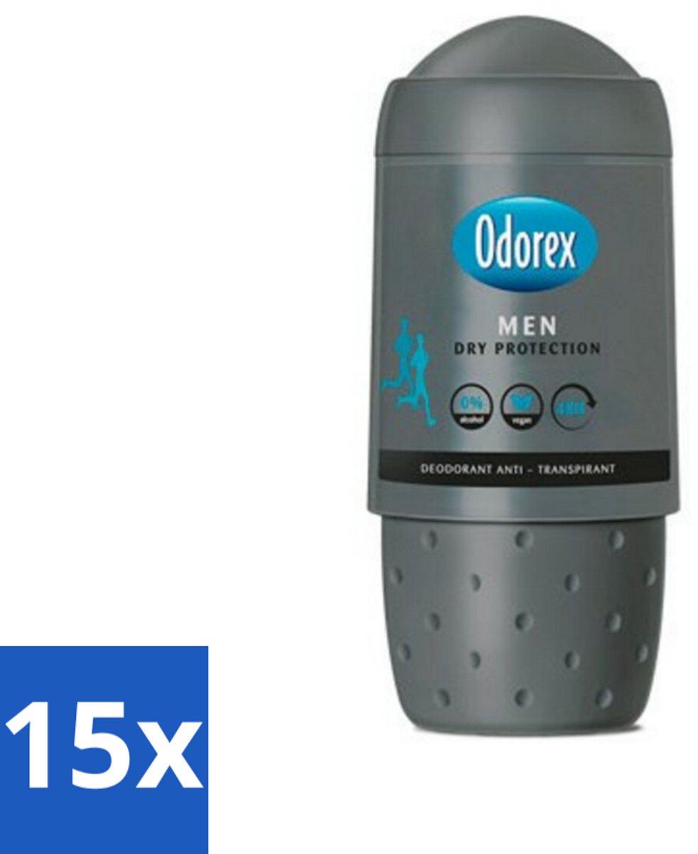 15 x Odorex Deodorant Roller For Men Dry Protection 50 ml - Mannelijke Deodorant - Anti-transpiratie - Zweetbescherming - Alcoholvrije Deodorant - Droge Oksels