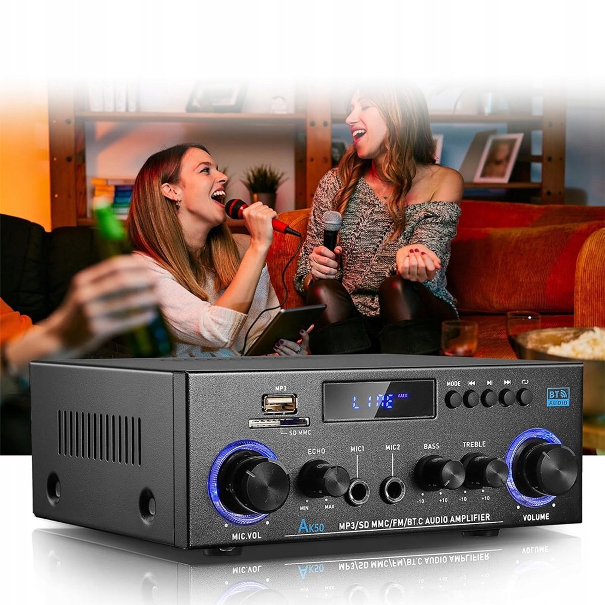 Bluetooth Versterker - HiFi Stereo Versterker - Mini Audioversterker - 2.0 Kanaals - 50W+50W - USB/SD - FM Radio - Microfooningang - Afstandsbediening - Bas & Treble Instelbaar - Voor Karaoke & Home Cinema thumbnail 2