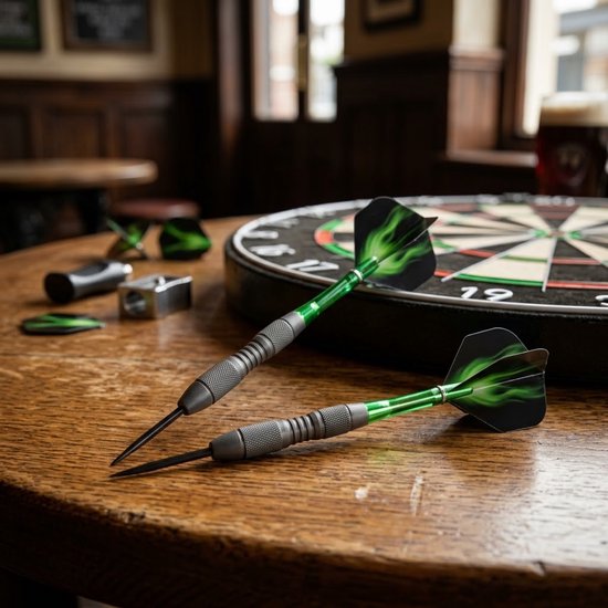 Zwart groen dartpijlen set 3 stuks dartpijlen heren dames metalen punt professionele darts met gegraveerde grip en groene flights — afbeelding 5