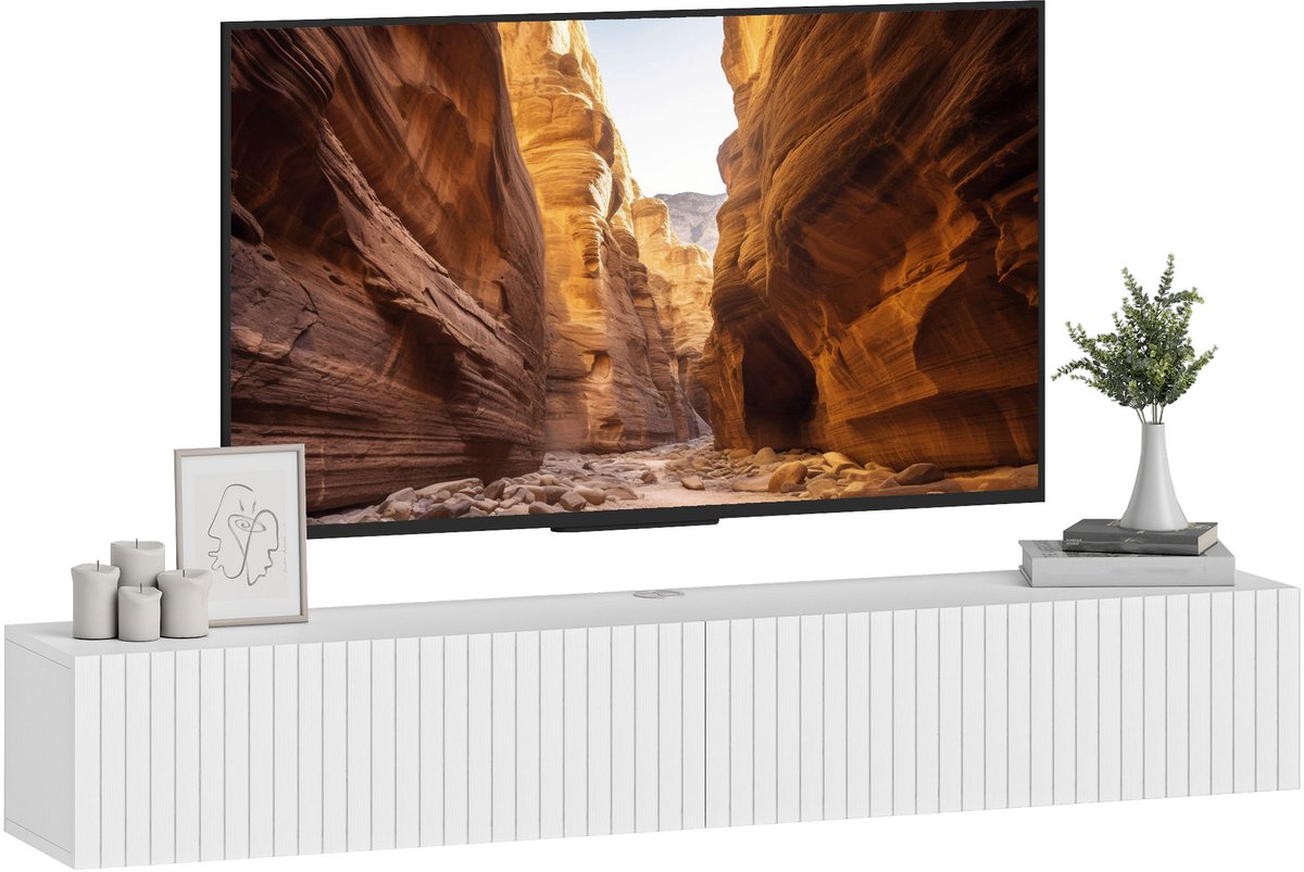 ECTEATOY® Zwevend Tv-meubel 140 cm - TV Kast voor Tv's tot 72 Inch - Met 2 Klepdeuren - 140x25x22 cm - Wit