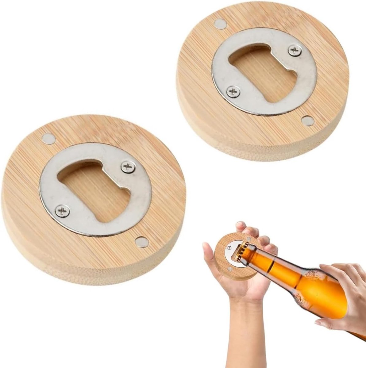 Houten Flessenopener Set van 2, RVS en Bamboe, Magnetische Flessenopeners voor de Koelkast, Perfect Cadeau voor Mannen en Bierliefhebbers