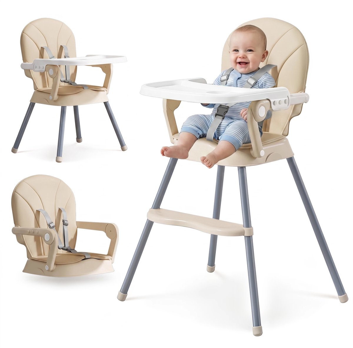 Kinderstoel 3-in-1 -Meegroeiende Kinderstoel voor Baby 6 Maanden tot 3 Jaar-Verhoger en Lage Stoel met Verwijderbaar Kussen en Dienblad- Wit
