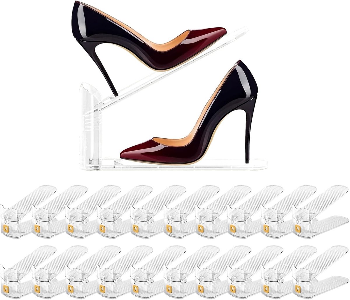 Ruimtebesparende Schoenhouder en Organizer - Verstelbare Dubbele Laag Schoenrek voor Mannen en Vrouwen, 20-Pack, Transparant en Duurzaam