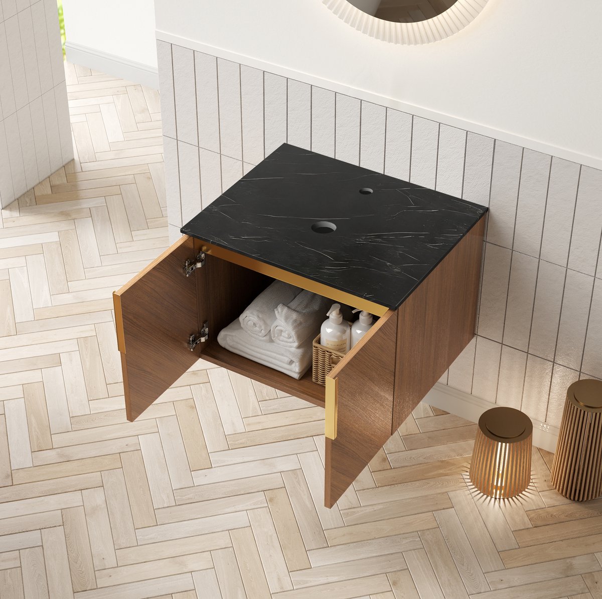 STILVORA Badkamerkast - Wastafelkast Met Dubbele Deuren En Zwart Sintersteen Blad - Voor Badkamer - Houtlook - 61x50x40 Cm - Eiken;Zwart