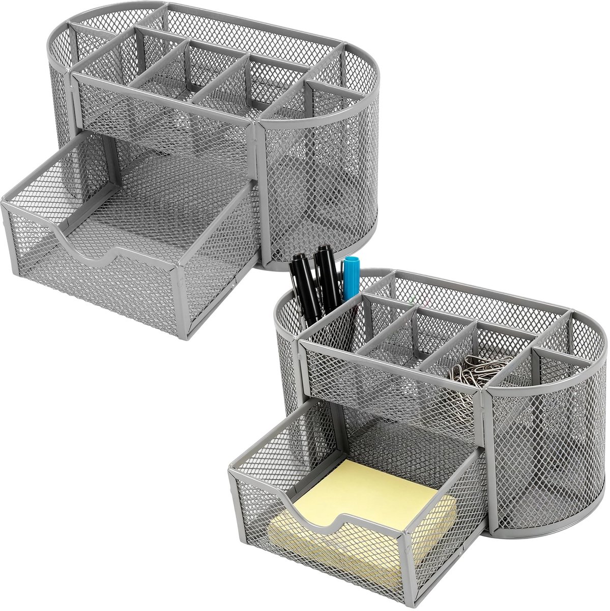 Elzusha - Bureau-Organizer Set van 2 - Zilver Metaal met Lade en Pennenhouders