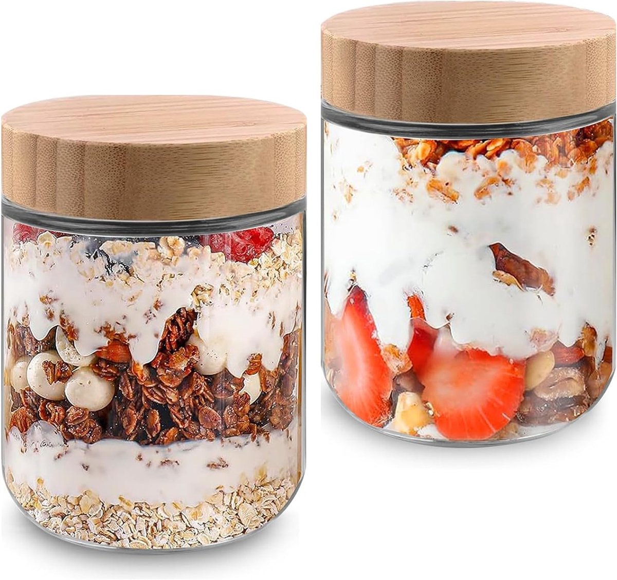 Set van 2 Meal Prep Jars van 500 ml voor Overnight Oats, Salades en Puddingen met Bamboe Deksel