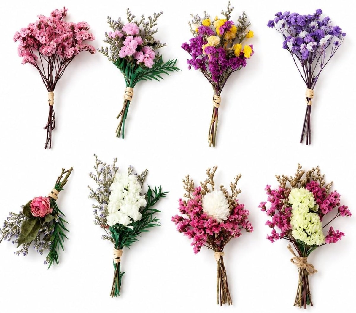 Mini boeketjes van gedroogde bloemen - 10 stuks, 8 verschillende natuurlijke bloemen voor scrapbooking, DIY en cadeau's, inclusief 2 wenskaarten voor bruiloften.
