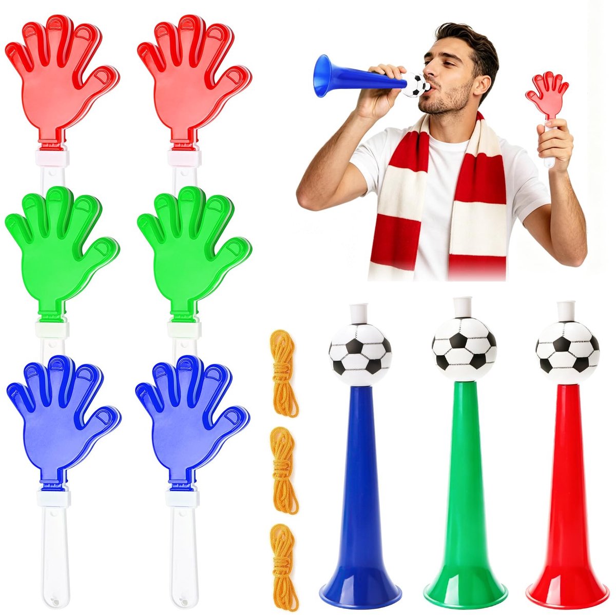 Elzusha - Vuvuzela Set met 3 Stuks en Klapperhanden voor Voetbalfans