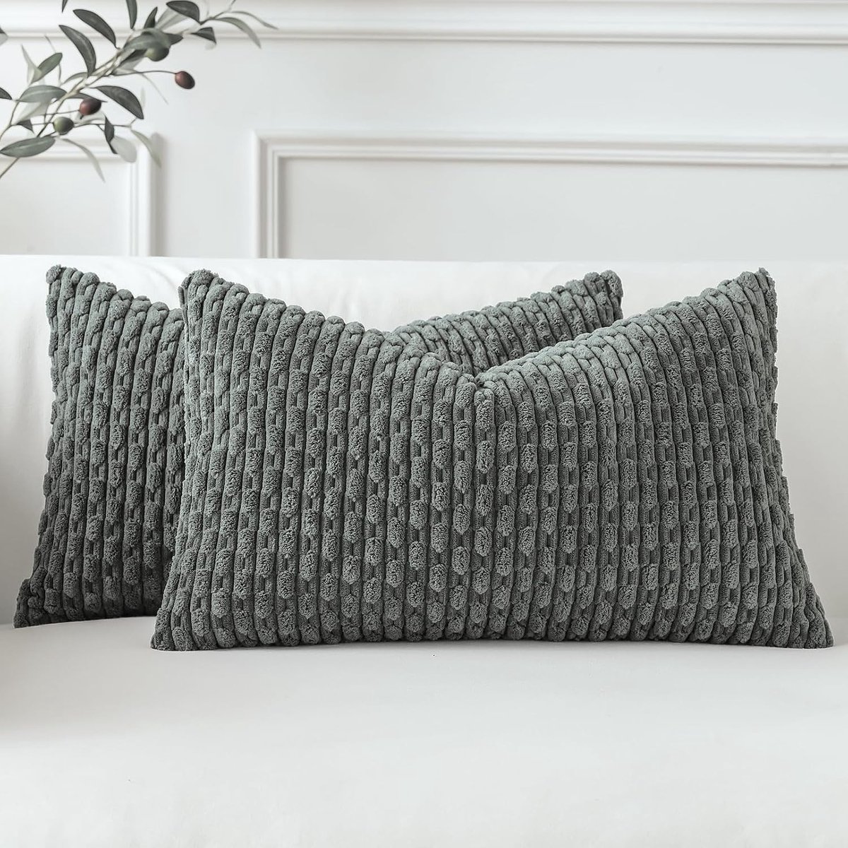 Set van 2 Donkergrijze Zachte Corduroy Decoratieve Kussenhoezen met Boho Strepen voor Woonkamer en Patio - Kussenhoezen 40x60cm voor Landelijke Interieurdecoratie