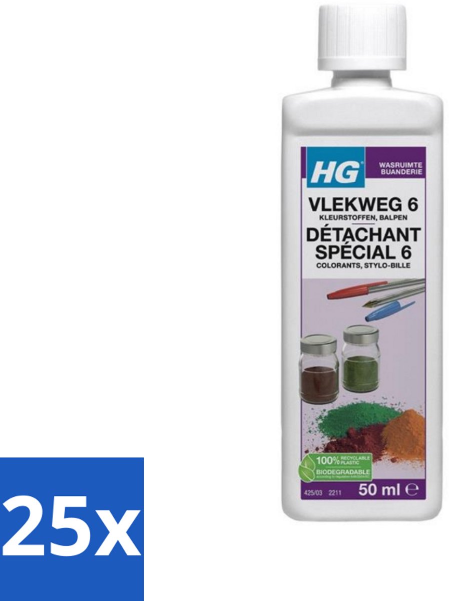 25 x HG - Wasruimte - Vlekweg 6 - Kleurstoffen & Balpen - 50 ml - Vlek Weg - Kleurstof Weg - Balpen Weg - Bier Weg - Likeur Weg