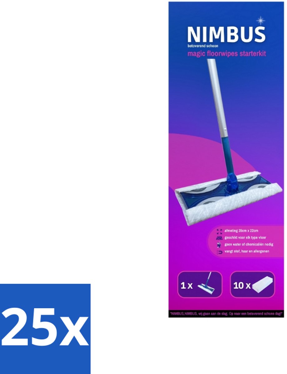 NIMBUS Magic Vloerdoek Starterkit 1 Dweil + 10 Droge Vloerdoekjes 1 set - Bulkverpakking - 25 stuks