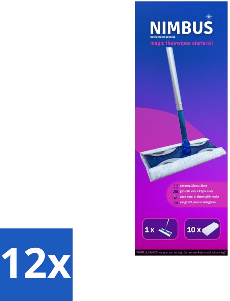 NIMBUS Magic Vloerdoek Starterkit 1 Dweil + 10 Droge Vloerdoekjes 1 set - Voordeelverpakking - 12 stuks
