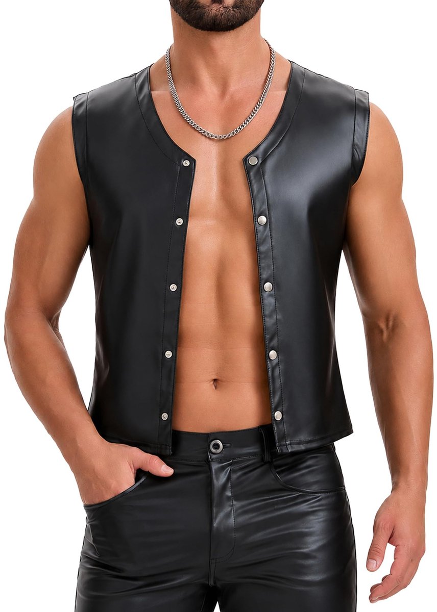 Elzusha - Heren Mouwloos PU Lederen Vest met Knoopsluiting