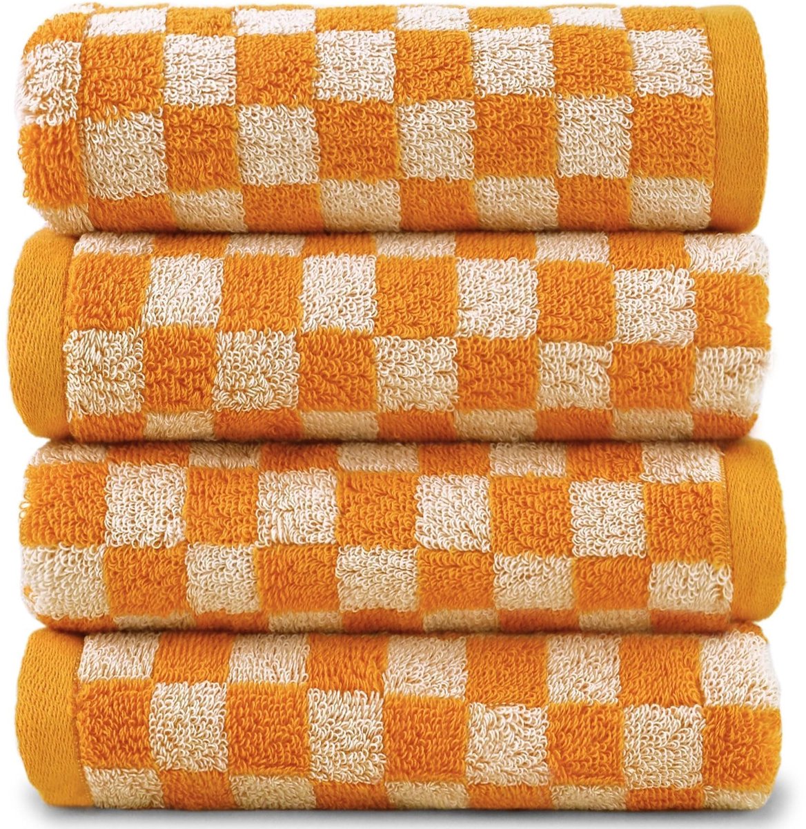 Elzusha - Set van 4 Zachte Handdoeken met Oranje Ruitpatroon 33x74 cm
