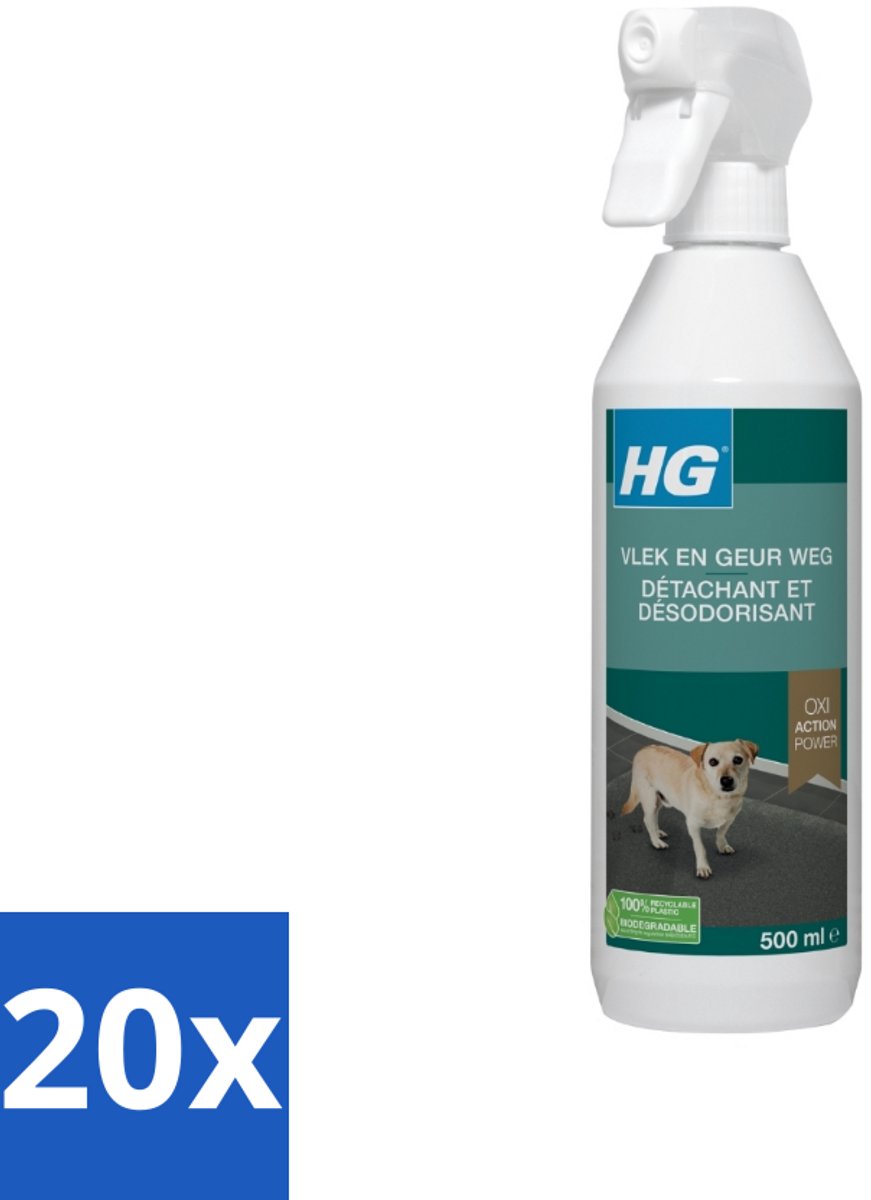 20 x HG - Vlek & Geur Weg Spray - Hond - Oxi Action Power - Hardnekkige Werking - 500 ml - Hondvlek Weg - Hondgeur Weg - Hondvlek Neutraliseren - Hondgeur Neutraliseren - Vlek Op Tapijt