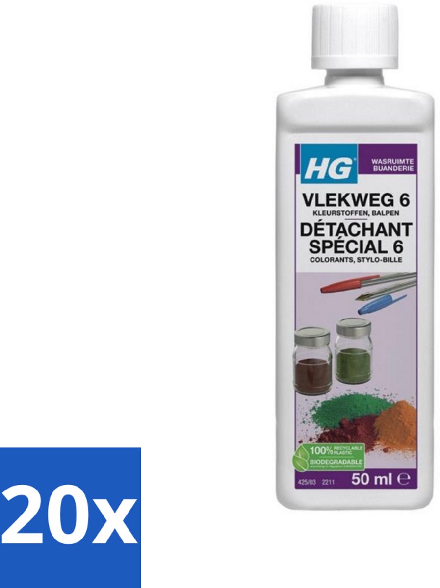 20 x HG - Wasruimte - Vlekweg 6 - Kleurstoffen & Balpen - 50 ml - Vlek Weg - Kleurstof Weg - Balpen Weg - Bier Weg - Likeur Weg