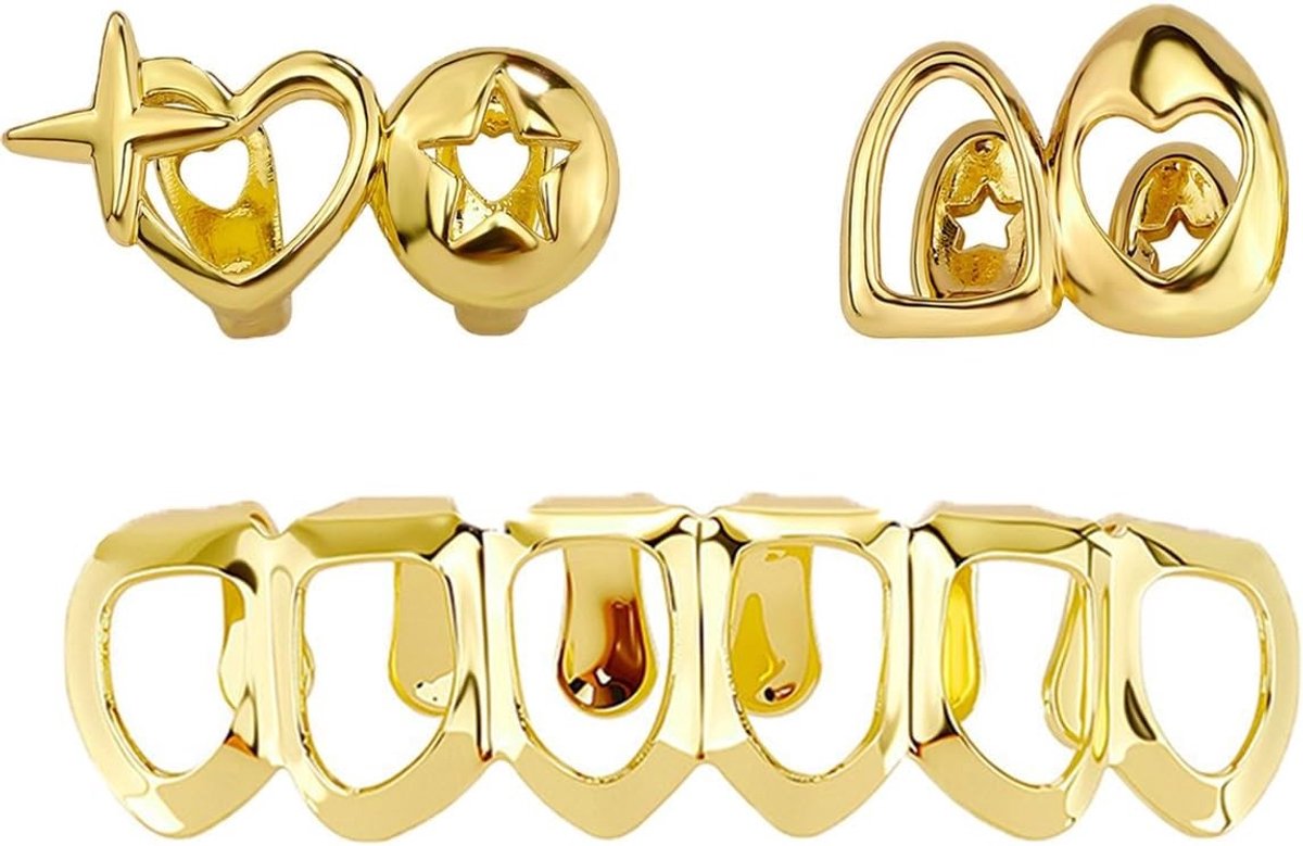 Set van vormbare gouden grillz tanden voor een veilige pasvorm, ideaal voor feestjes en Halloween, tandvriendelijk en eenvoudig te verwijderen