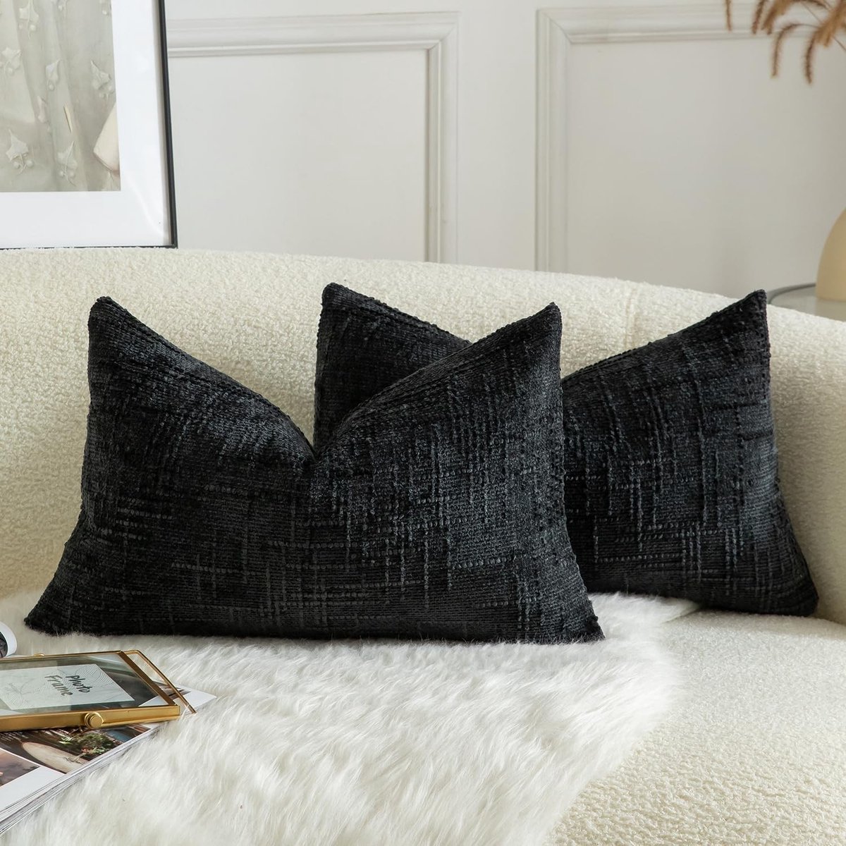 Set van 2 Zachte Chenille Kussenslopen, Lumbar Accent Kussenhoezen voor Sofa en Bed, Decoratieve Farmhouse Stijl 30 x 50 cm Zwart