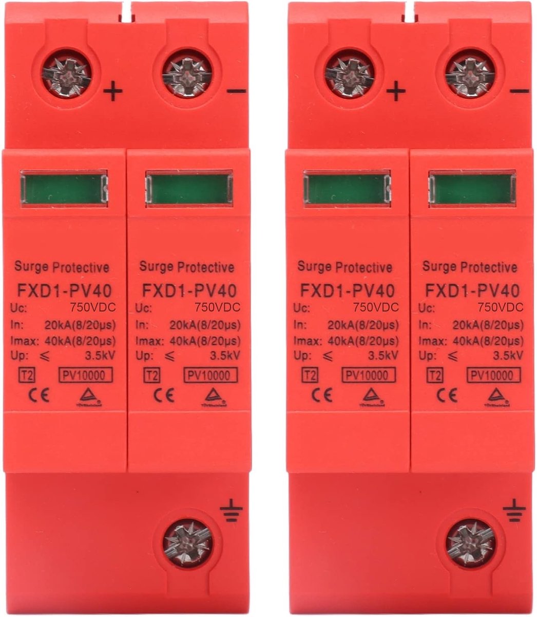 2 Stuks Fotovoltaïsche Beschermer 40ka Spanningsarrester met Visueel Venster voor DC 750V en Stroombeheer