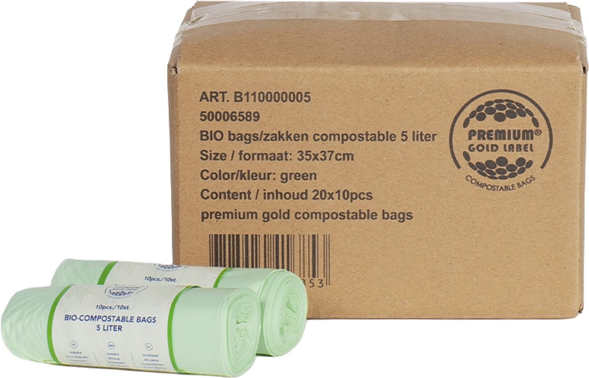 Biozakken 5 liter melkwit groen 35x37cm - Doos 20 rollen à 10 stuks