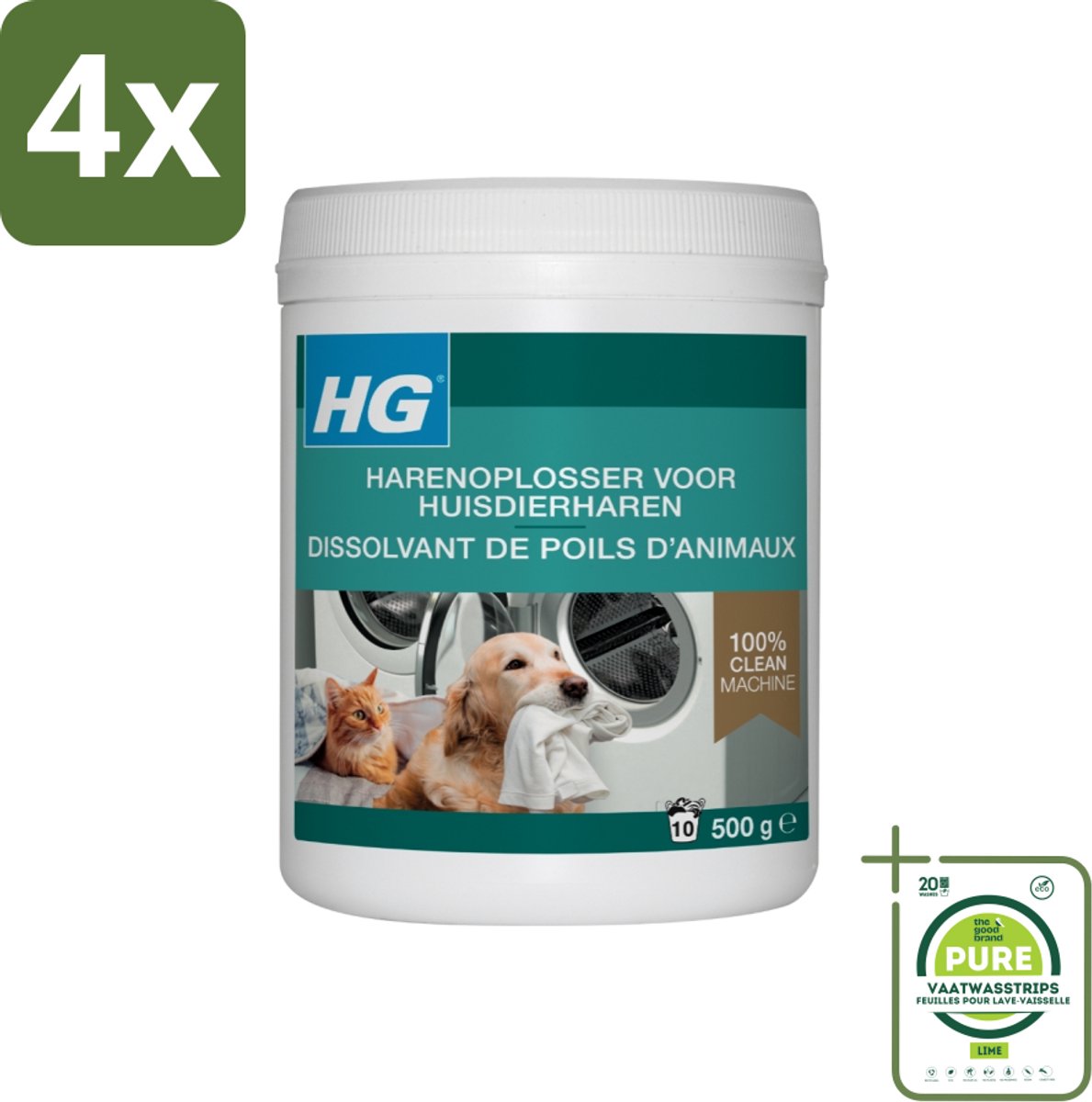 HG - Harenoplosser Voor Huisdierharen - Altijd Schone Machine - 10 Wasbeurten - 500 g - Voordeelverpakking - 4 stuks - Wasmachine reiniging - Huisdierharen verwijderen