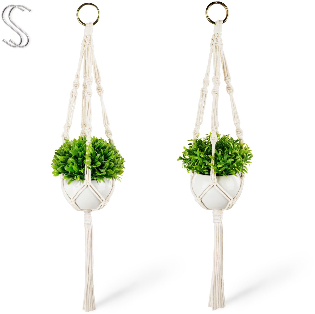 Solidchoice - Set van 2 Kunstplanten met Macramé Plant Hanger en Witte Keramische Potten
