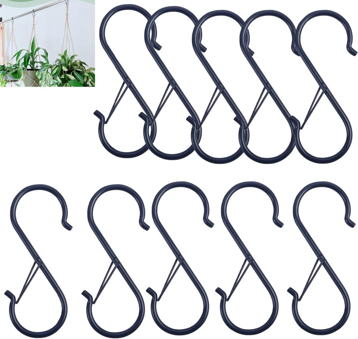 Set van 10 Zwarte Stalen S-Haken met Veiligheidsgesp voor Thuis, Tuin, Keuken, Badkamer en Garage, Multifunctionele Haak voor Organisatie