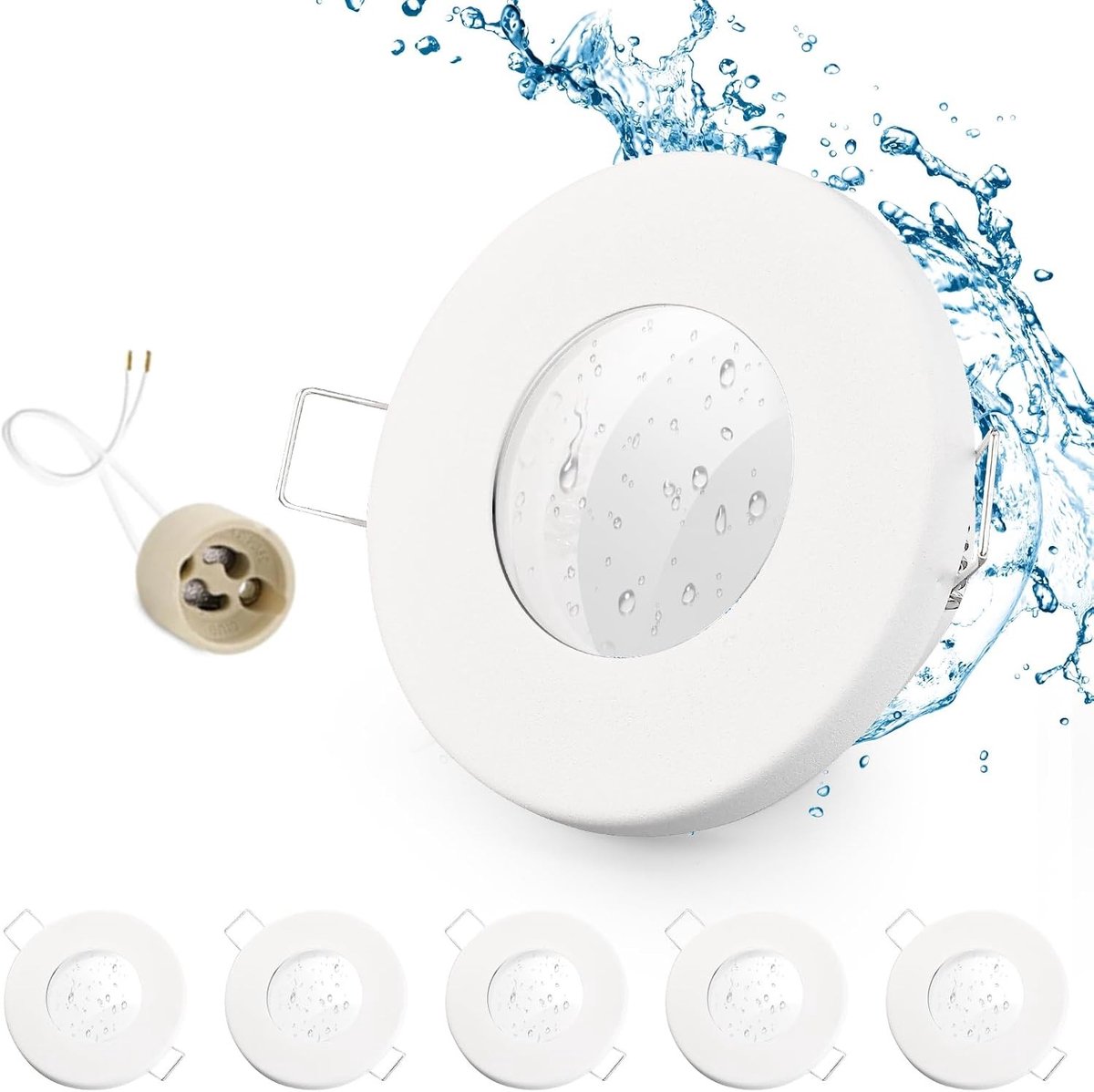 6 x LED inbouwspots IP65 met GU10 houder, draaibare LED verlichting, wit, voor badkamer en buitengebruik, ronde platte inbouwframes, 68 mm gatmaat