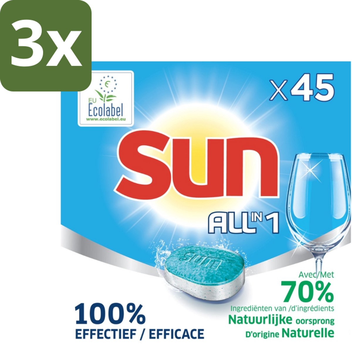 3 x Sun All-in One - Ecolabel - Vaatwastabletten - 45 Tabletten - Vaatwastabletten - Ecolabel - Vaatwasser - Milieuvriendelijk - Vaatwassen