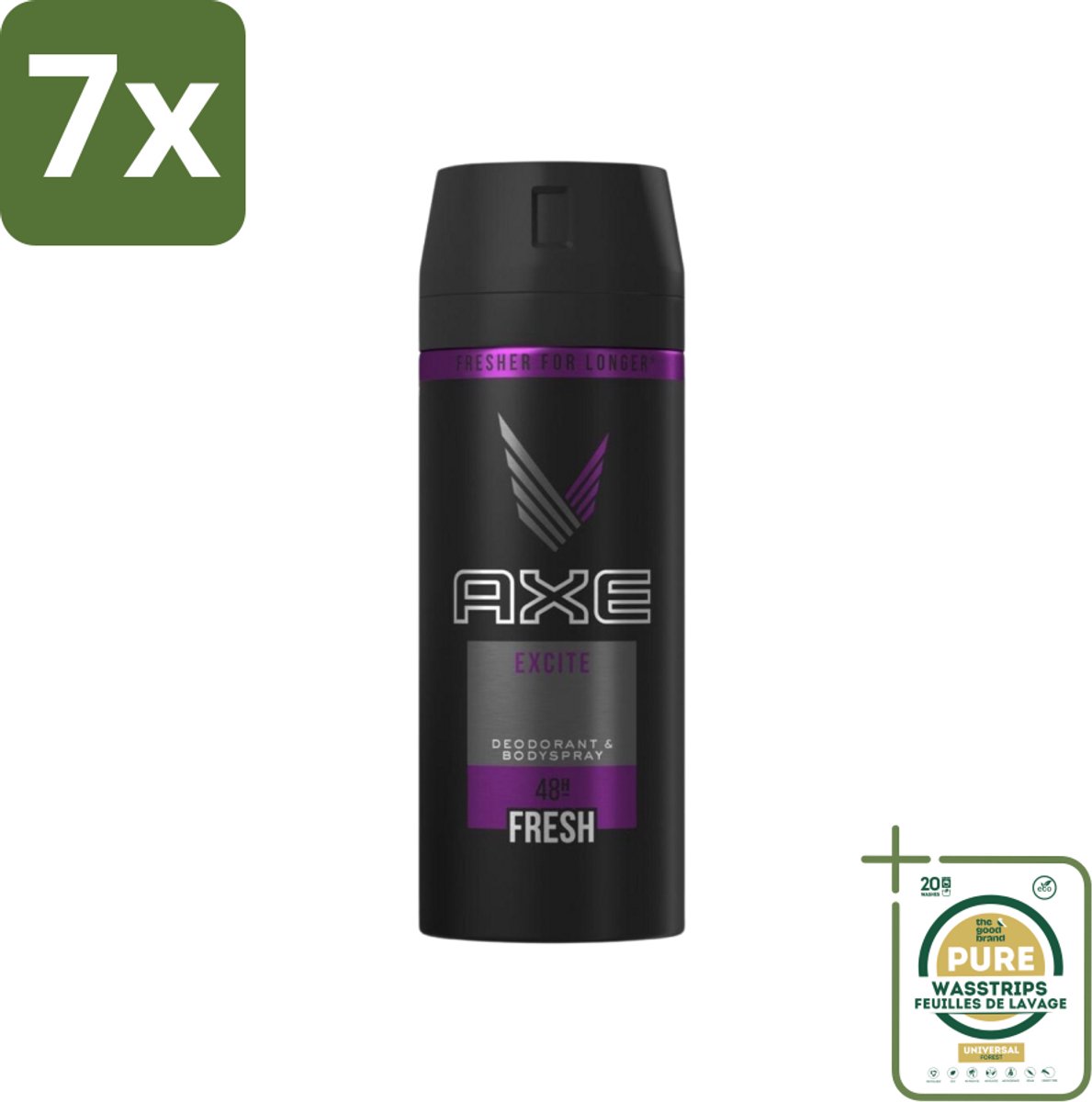 7 x Axe - Deodorant Bodyspray - 48hrs Fresh - Excite - 150 ml - Grootverpakking - 48 Uur Fris - Deodorant Spray - Kokosnoot Geur - Zwarte Peper Geur - Frisheid