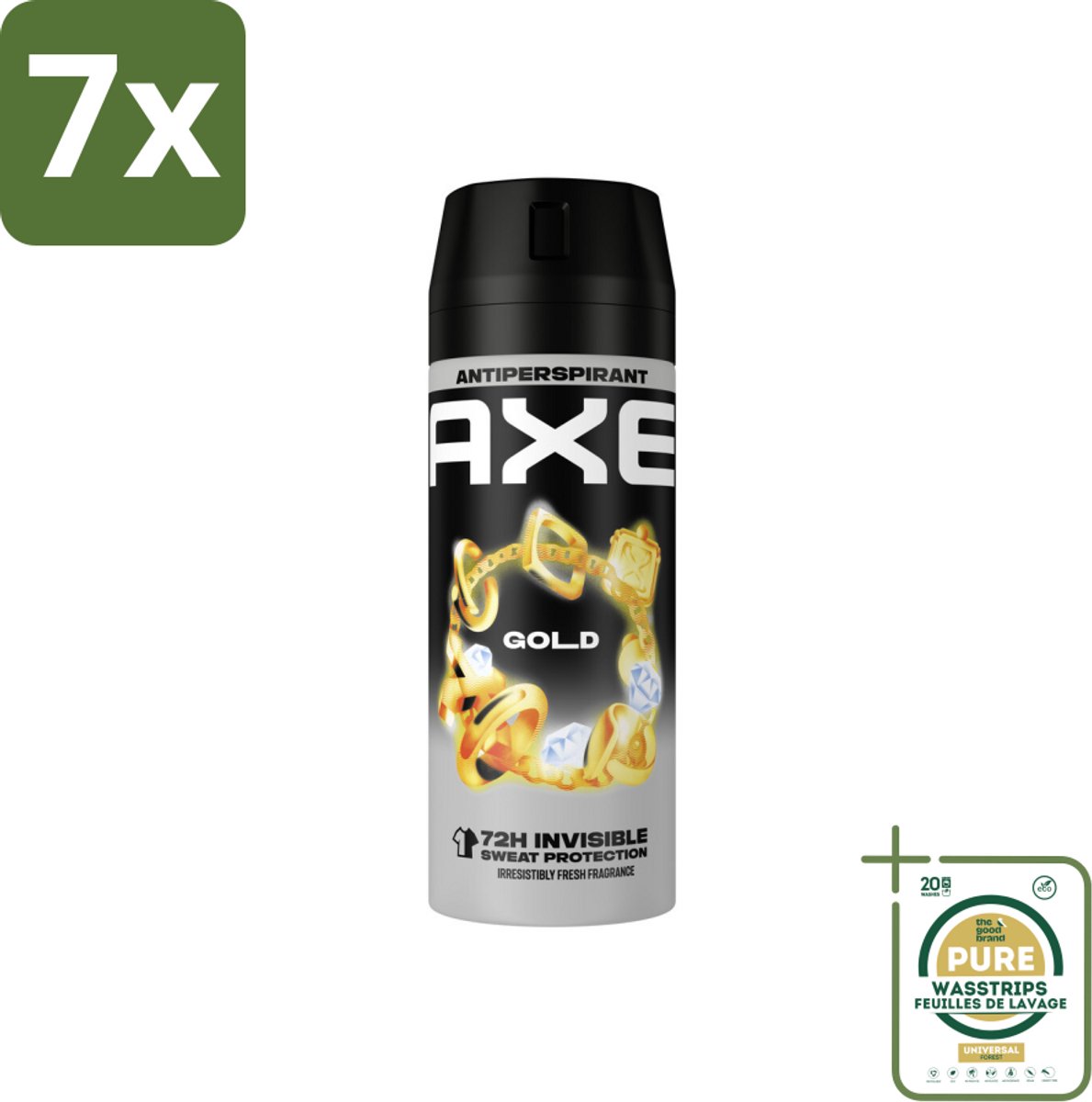 7 x Axe - Deodorant Spray - 72hrs Anti Sweat - Anti White Marks - Gold - 150 ml - Grootverpakking - Anti Transpirant Spray - 72 Uur Bescherming - Zweetvoorkomend - Witte Strepen Voorkomen - Oud Wood Geur