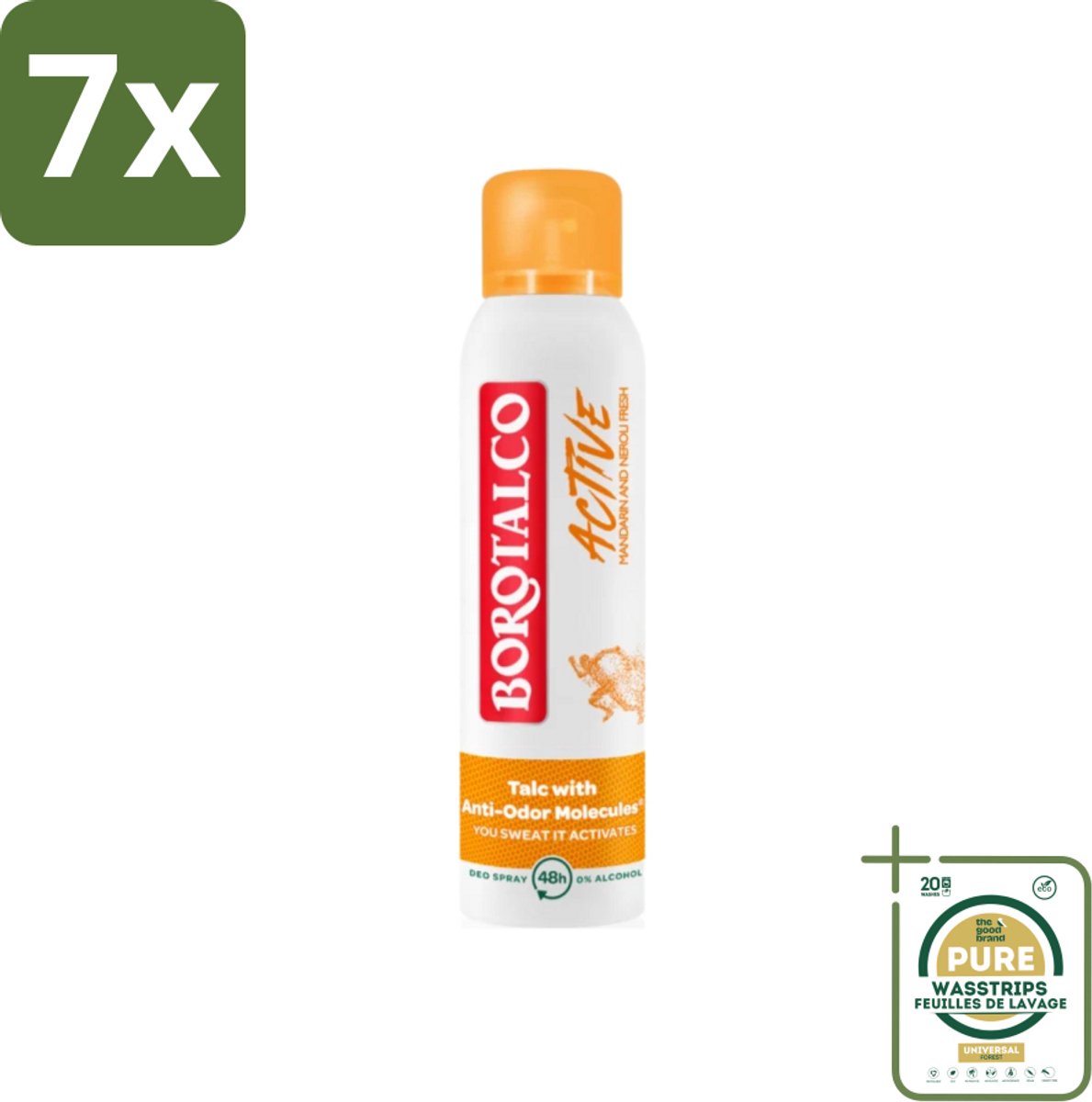 7 x Borotalco - Deodorant Spray - Active - Mandarin & Neroli Fresh - 0% Alcohol - 150 ml - Grootverpakking - Deodorant Spray - Mandarijn En Neroli - Geur - Transpiratie - Geurvervoeging