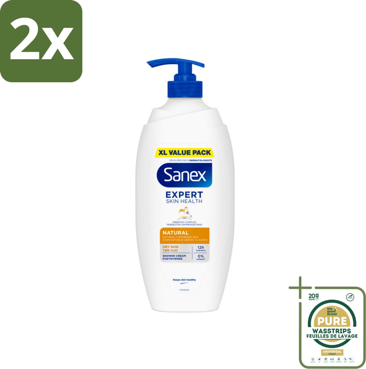 Sanex – Douchecrème – Expert Skin Health Naturals – 750 ml - Voordeelverpakking - 2 stuks - Douchecrème - Hydratatie