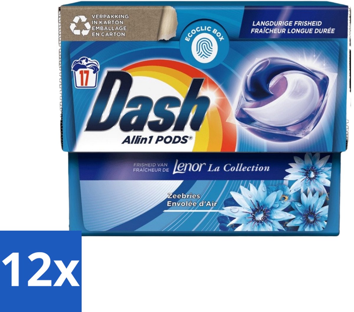 12 x Dash - Lenor Collectie - Wasmiddel Capsules - All-in-1 Pods - Witte en Gekleurde Was - Zeebries - 17 Wasbeurten - Wasmiddel Capsules - Waspoeder - Lenor - Zeebries - Wasverzachter