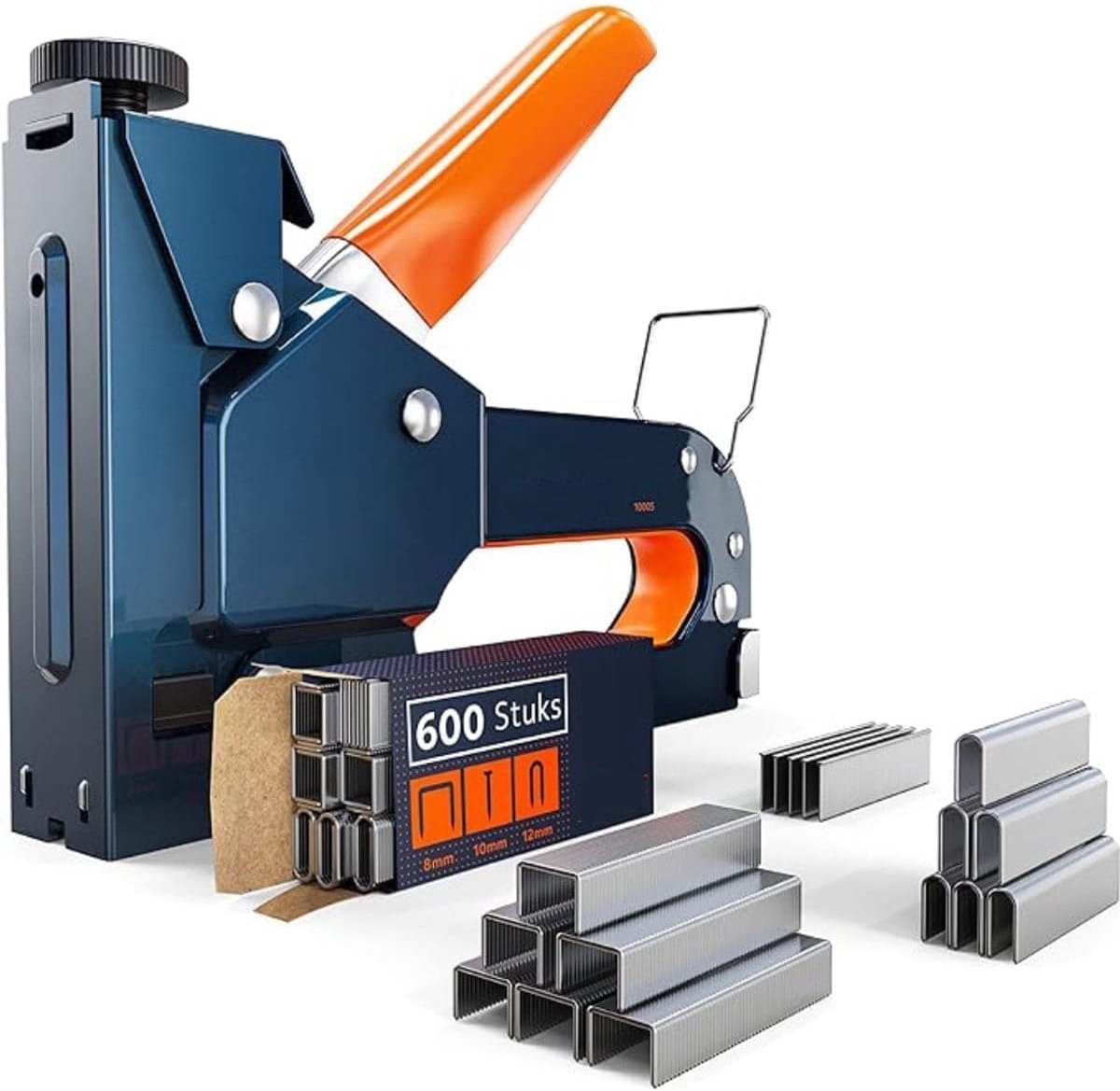 Klarven® Nietpistool Oranje en Blauw - Handtacker 3-in-1 - 600 Nietjes voor Hout, Stof en Meubels - B 16 x D 3 x H 13 cm